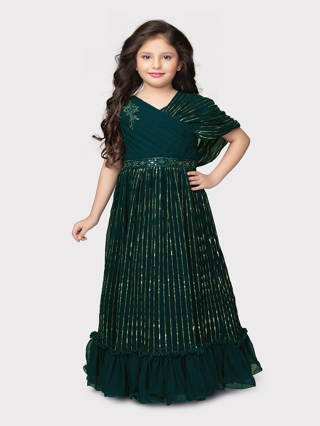 Peacock Blue Coloured Unique Cape Style Sleeves Pattern Gown For Girls
