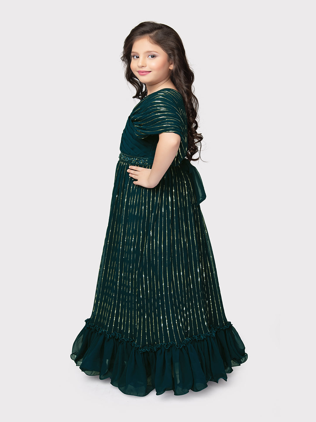 Peacock Blue Coloured Unique Cape Style Sleeves Pattern Gown For Girls