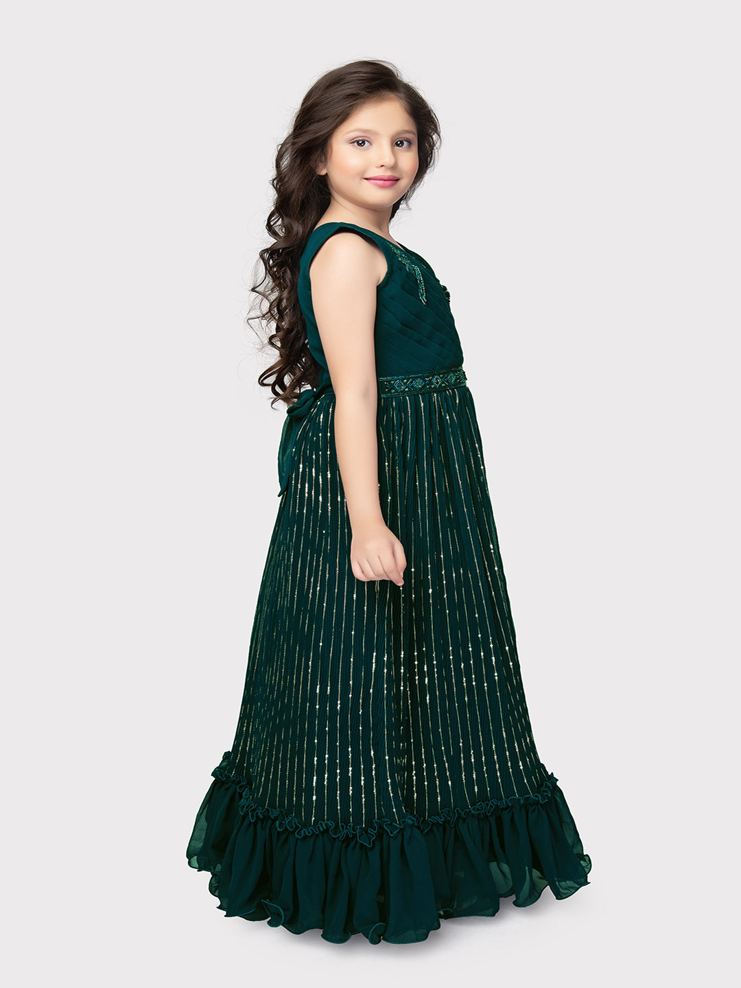 Peacock Blue Coloured Unique Cape Style Sleeves Pattern Gown For Girls
