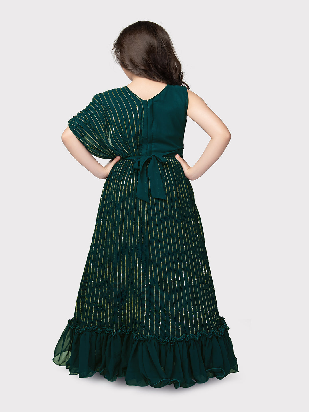 Peacock Blue Coloured Unique Cape Style Sleeves Pattern Gown For Girls