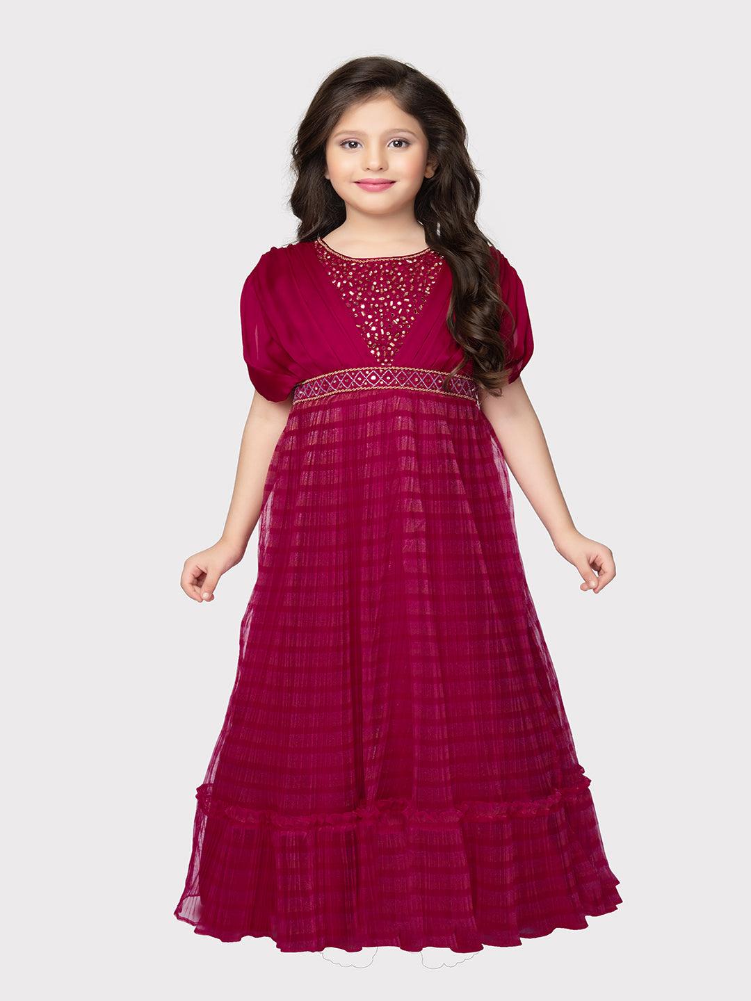 Rani Embellished Georgette Fabric for Party Occasions. Round Neck, Short Puff Sleeves, Trendy Butterfly Style Gown For Girls - Betty Ethnic India - Gown - Betty Girls Wear Online