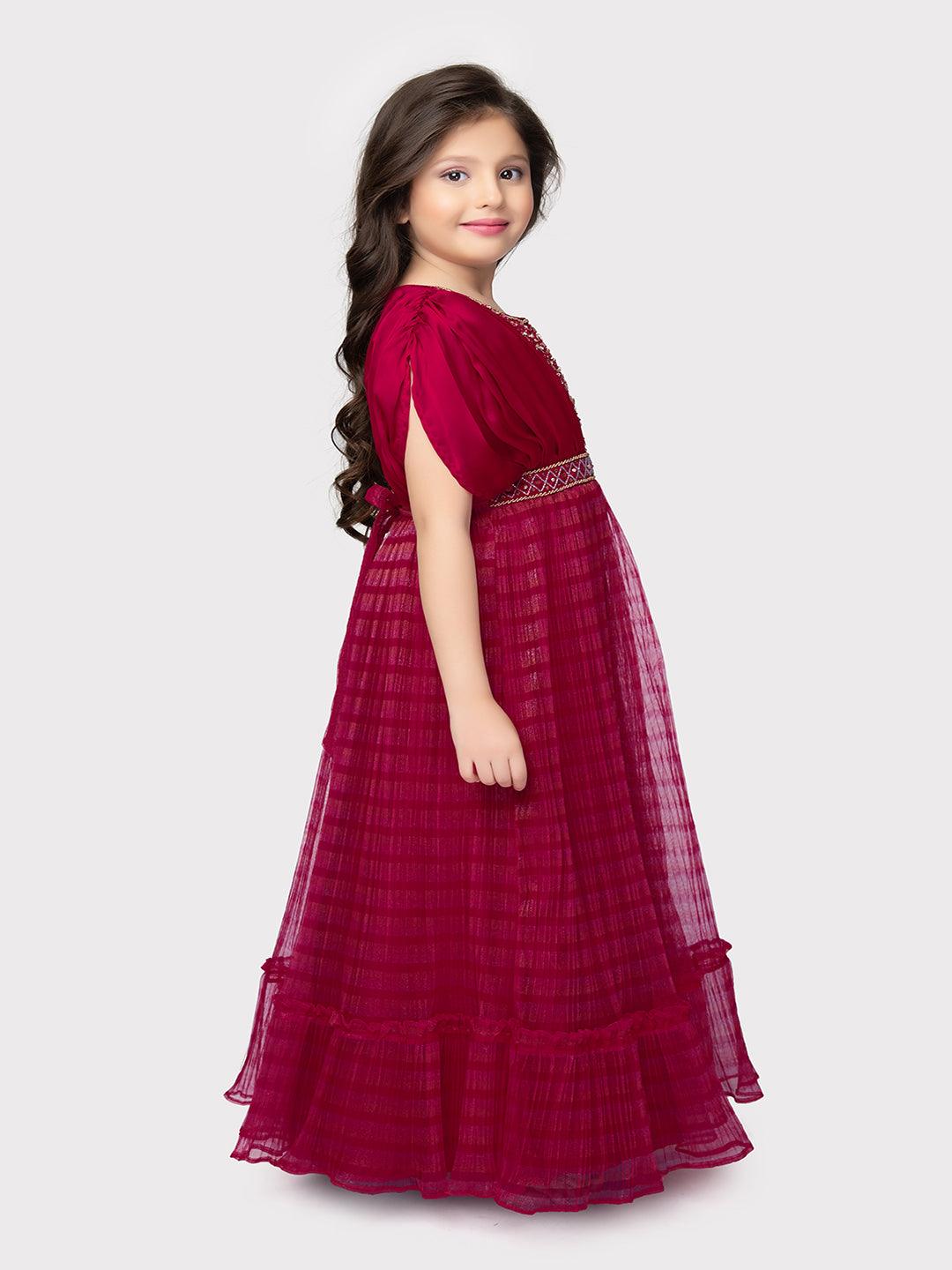 Rani Embellished Georgette Fabric for Party Occasions. Round Neck, Short Puff Sleeves, Trendy Butterfly Style Gown For Girls - Betty Ethnic India - Gown - Betty Girls Wear Online