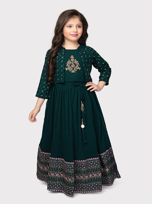 Embroidered Lehenga Choli Set with Beads and Stones - Ready-to-Wear Georgette Fabric, featuring a Flared Hem and a Stunning Separate Jacket Which Completes The Look For Girls