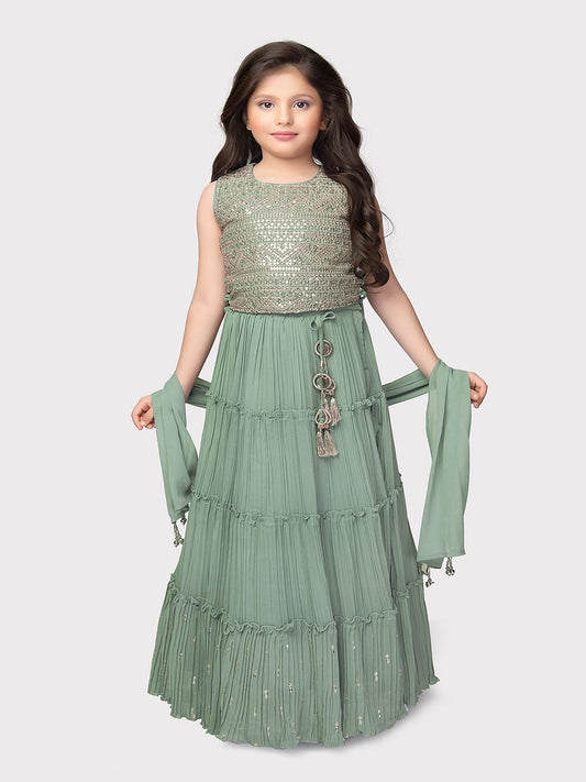 Sequinned Embellished Lehenga Choli with Ready-to-Wear Blouse and Dupatta - Georgette Fabric, Tassel Border For Girls - Betty Ethnic India - Saree & Lehenga - Betty Girls Wear Online