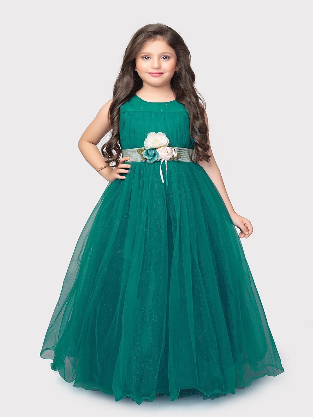 Rama Green Coloured Simple Imported Net Gown For Girls - Betty Ethnic India - Gown - Betty Girls Wear Online