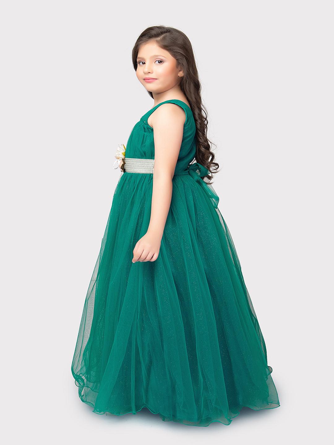 Rama Green Coloured Simple Imported Net Gown For Girls - Betty Ethnic India - Gown - Betty Girls Wear Online