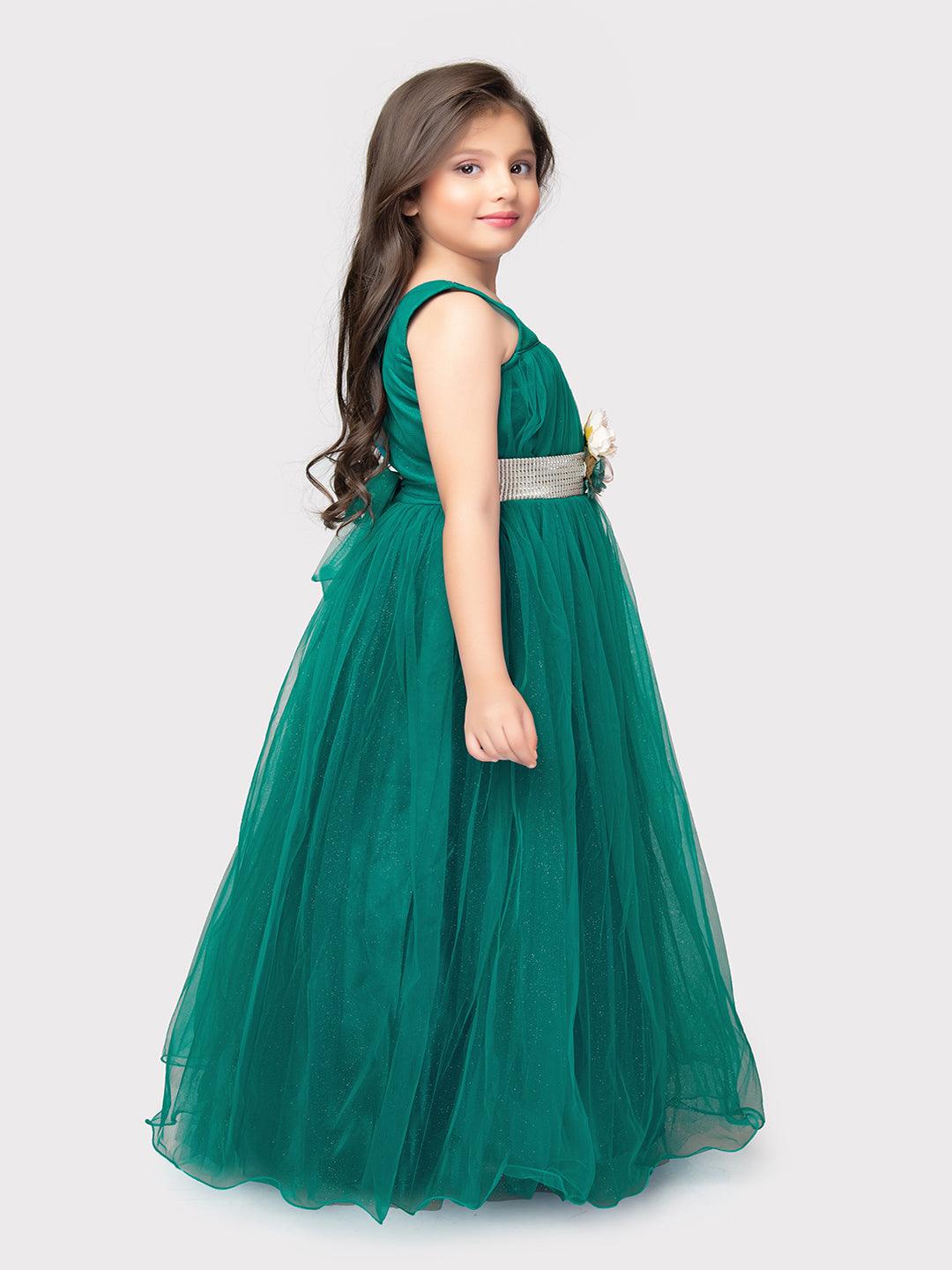 Rama Green Coloured Simple Imported Net Gown For Girls - Betty Ethnic India - Gown - Betty Girls Wear Online