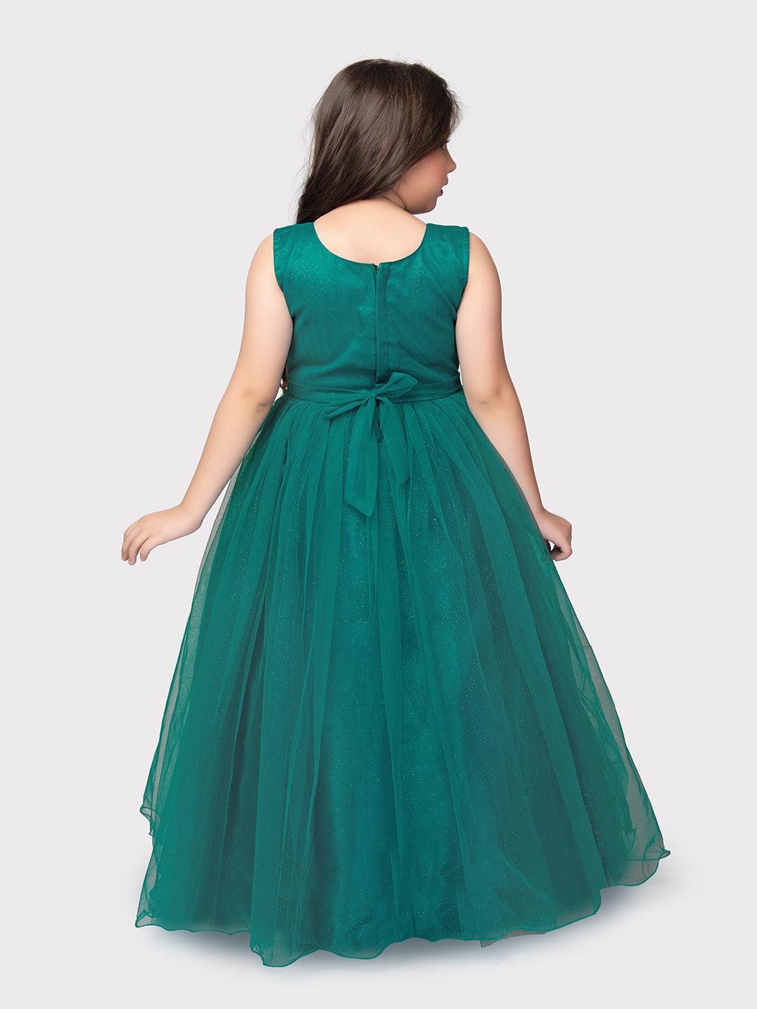 Rama Green Coloured Simple Imported Net Gown For Girls - Betty Ethnic India - Gown - Betty Girls Wear Online