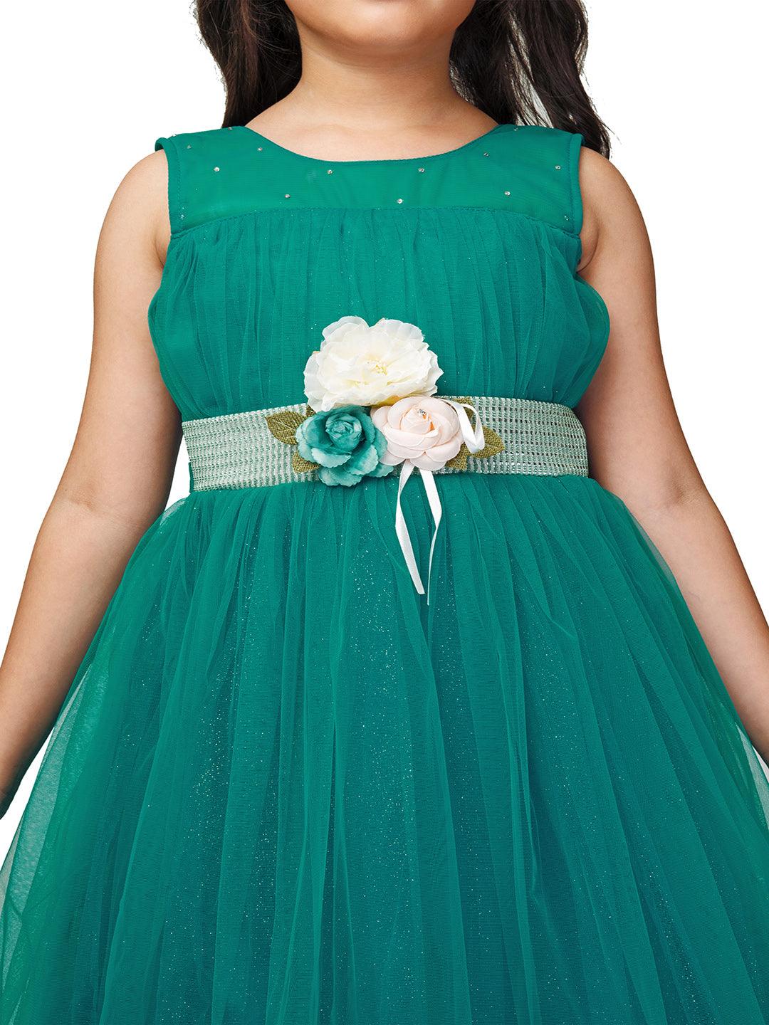 Rama Green Coloured Simple Imported Net Gown For Girls - Betty Ethnic India - Gown - Betty Girls Wear Online