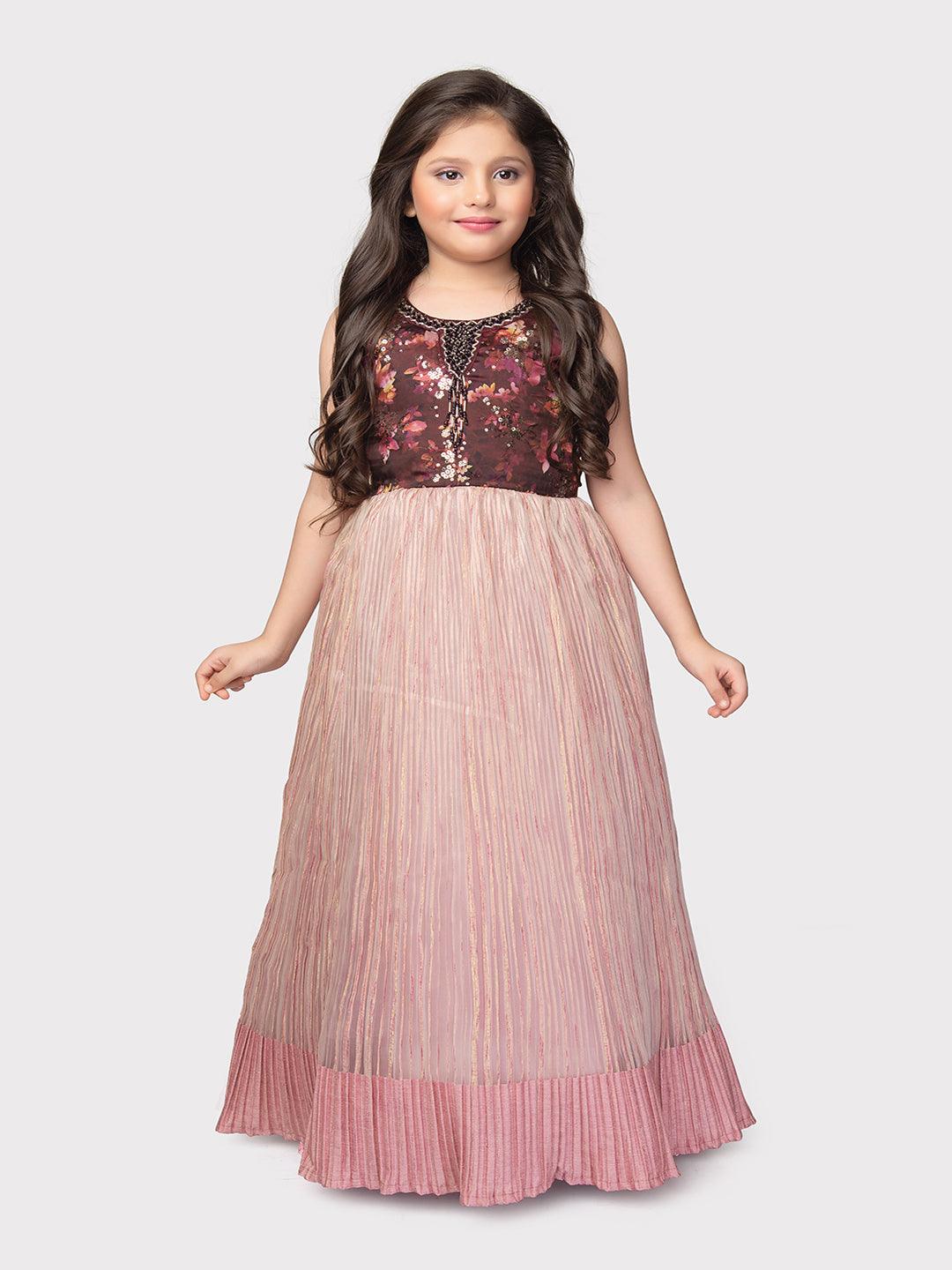 Wine Coloured Pleating Fabric Maxi Dress Gown For Girls - Betty Ethnic India - Gown - Betty Girls Wear Online