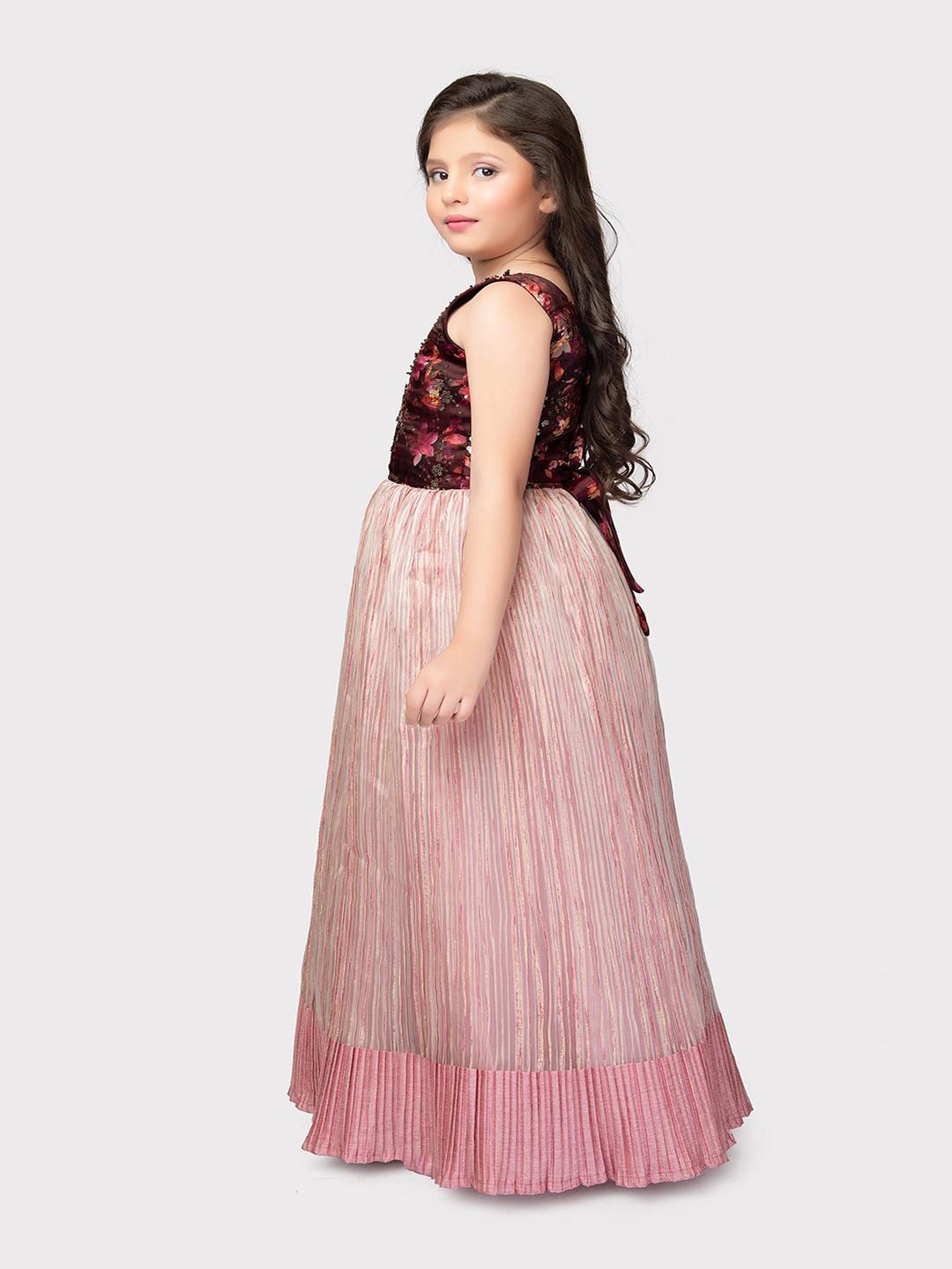 Wine Coloured Pleating Fabric Maxi Dress Gown For Girls - Betty Ethnic India - Gown - Betty Girls Wear Online