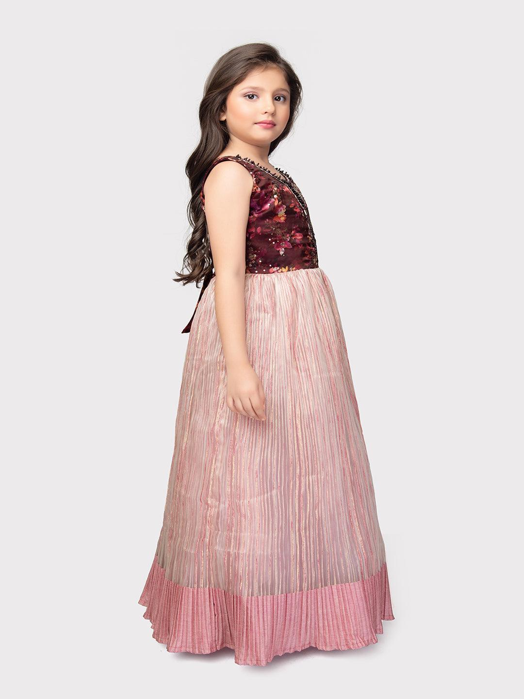 Wine Coloured Pleating Fabric Maxi Dress Gown For Girls - Betty Ethnic India - Gown - Betty Girls Wear Online