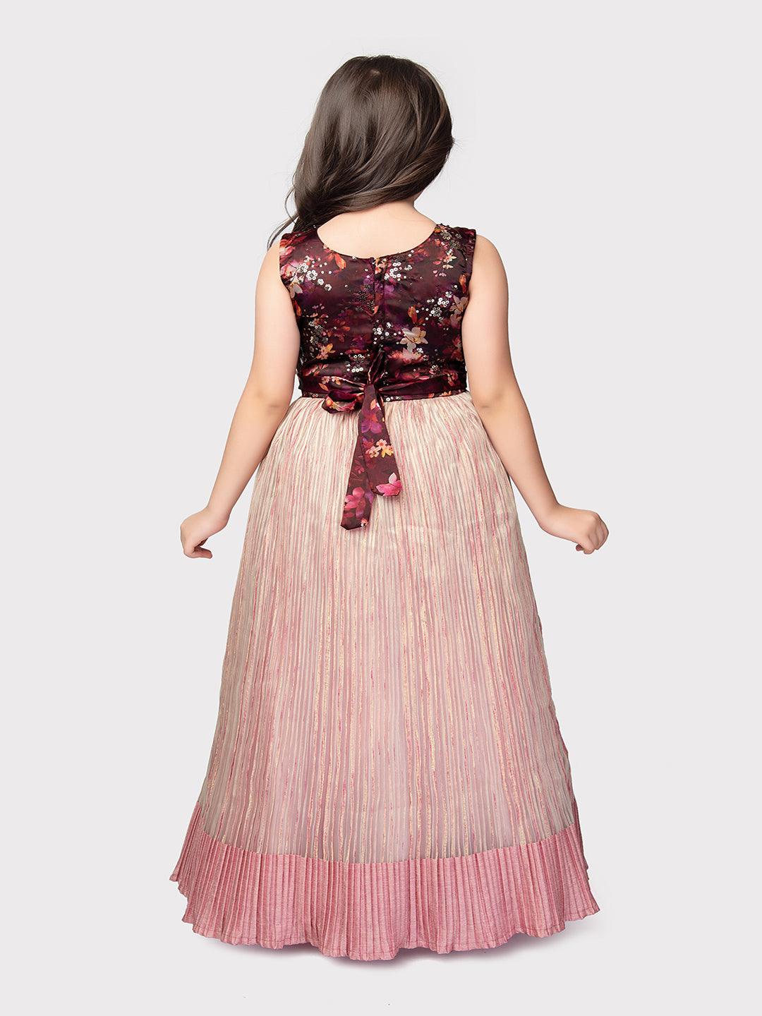 Wine Coloured Pleating Fabric Maxi Dress Gown For Girls - Betty Ethnic India - Gown - Betty Girls Wear Online