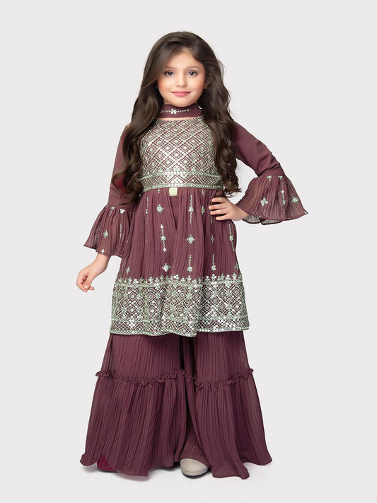 Magenta Embroidered Anarkali Kurta with Sharara and Dupatta Set \ Sharara And Gharara Set For Girls - Betty Ethnic India - Gharara / Sharara Set - Betty Girls Wear Online