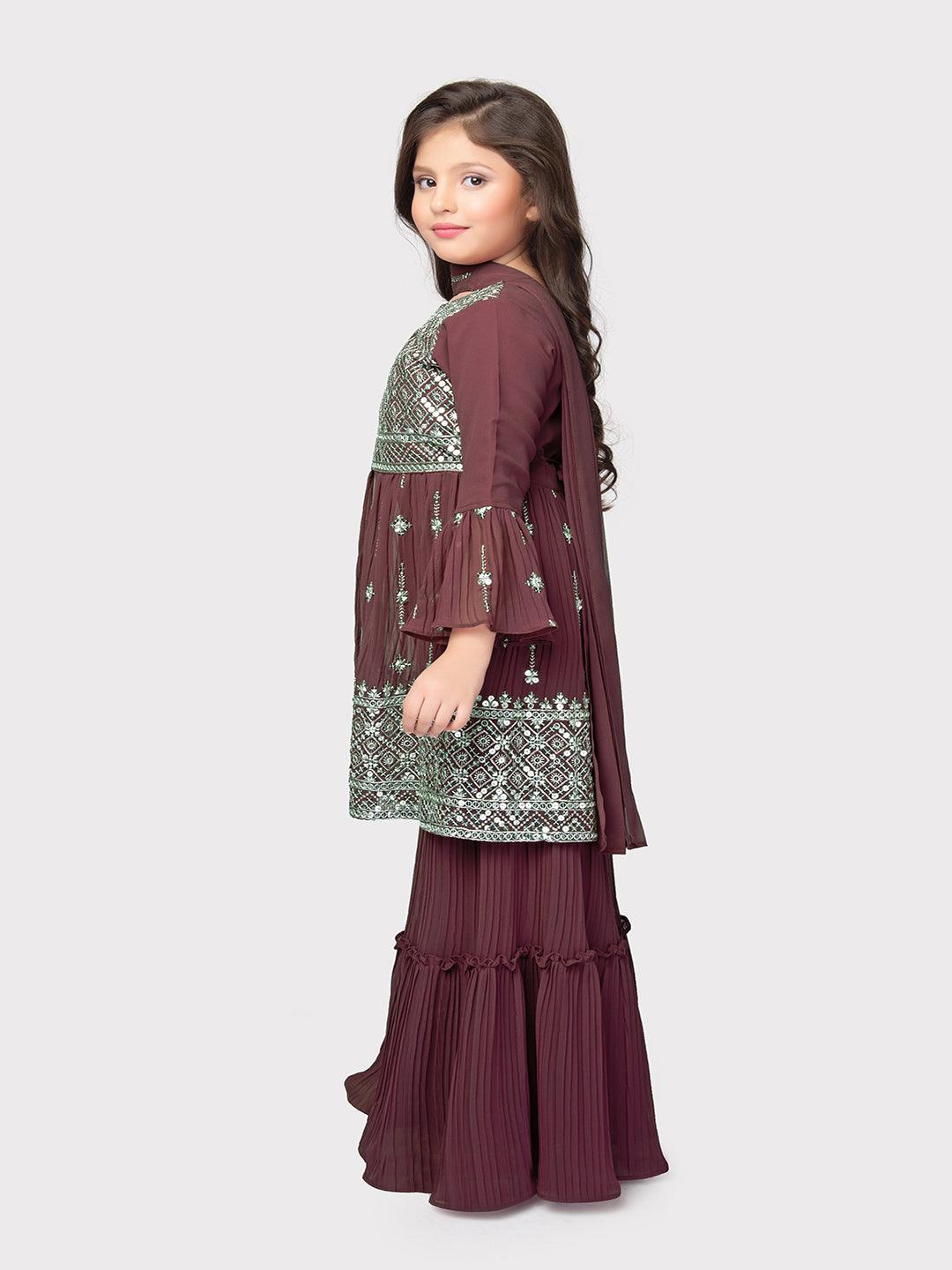 Magenta Embroidered Anarkali Kurta with Sharara and Dupatta Set \ Sharara And Gharara Set For Girls - Betty Ethnic India - Gharara / Sharara Set - Betty Girls Wear Online