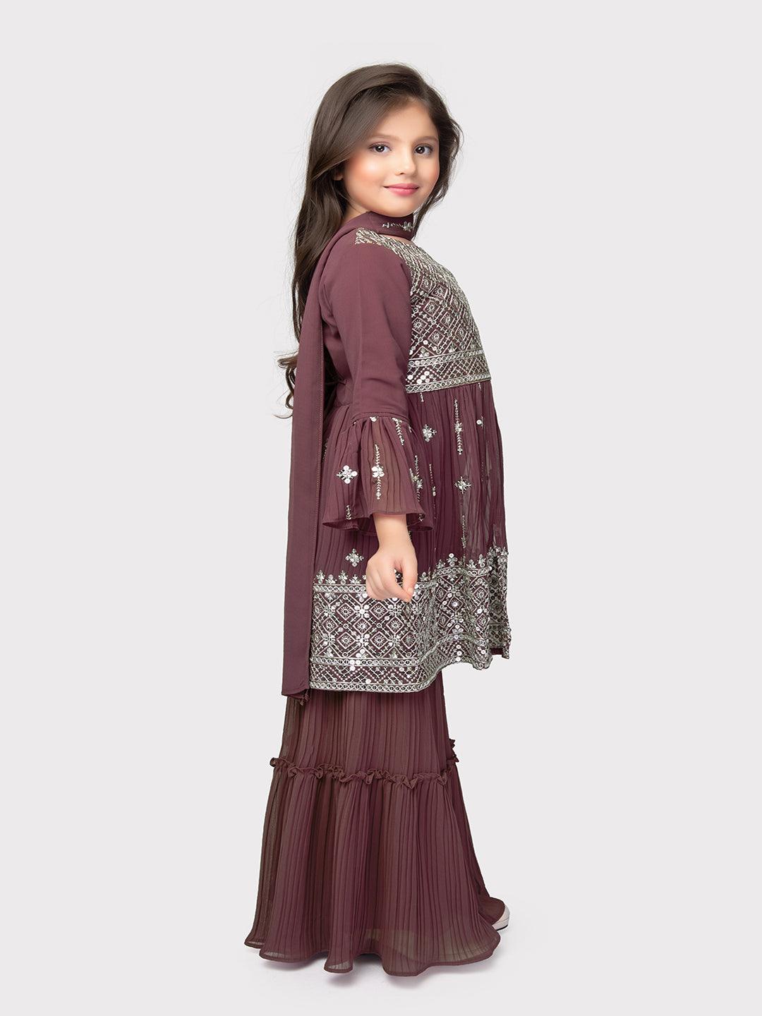 Magenta Embroidered Anarkali Kurta with Sharara and Dupatta Set \ Sharara And Gharara Set For Girls - Betty Ethnic India - Gharara / Sharara Set - Betty Girls Wear Online