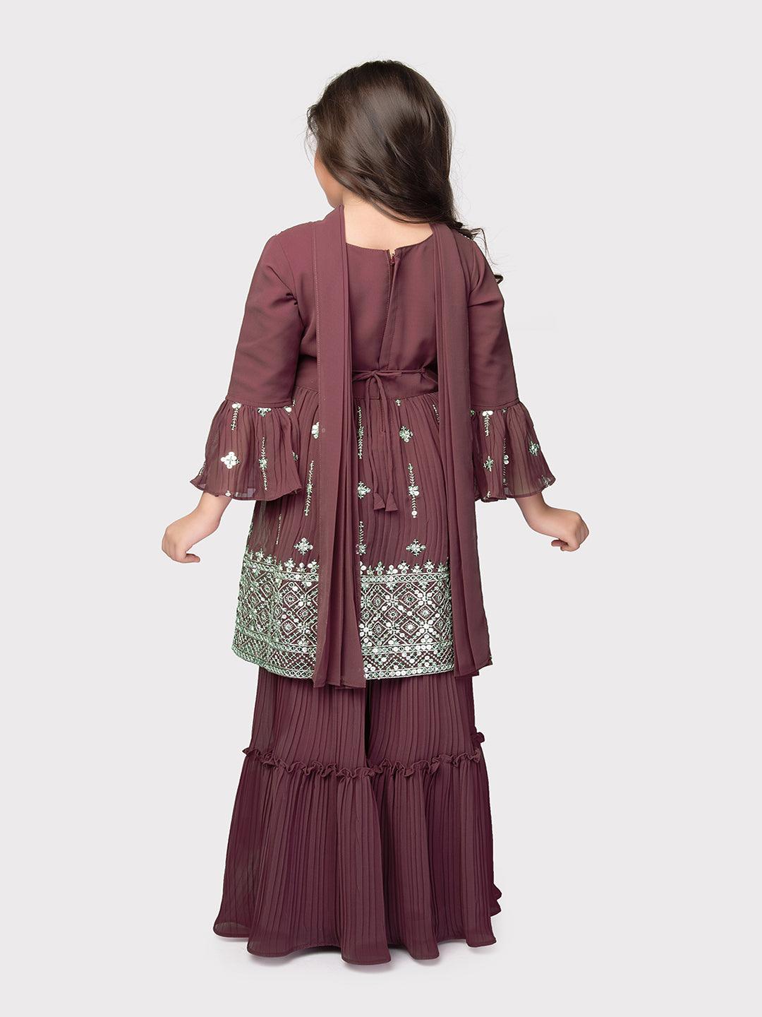 Magenta Embroidered Anarkali Kurta with Sharara and Dupatta Set \ Sharara And Gharara Set For Girls - Betty Ethnic India - Gharara / Sharara Set - Betty Girls Wear Online