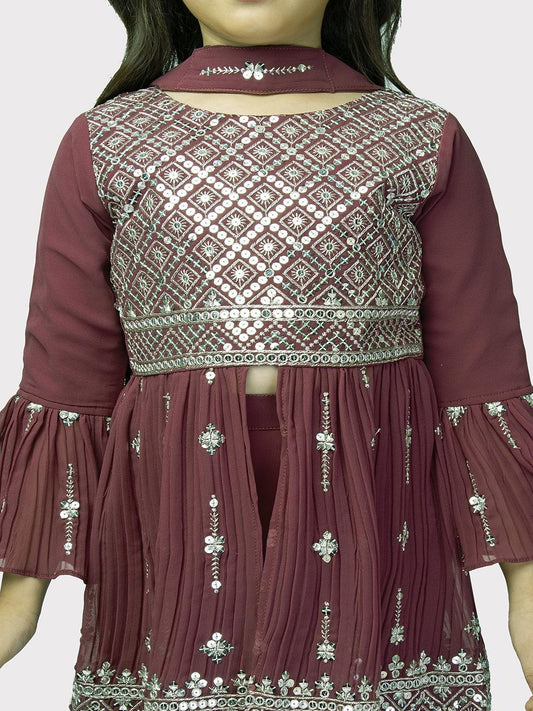 Magenta Embroidered Anarkali Kurta with Sharara and Dupatta Set \ Sharara And Gharara Set For Girls - Betty Ethnic India - Gharara / Sharara Set - Betty Girls Wear Online