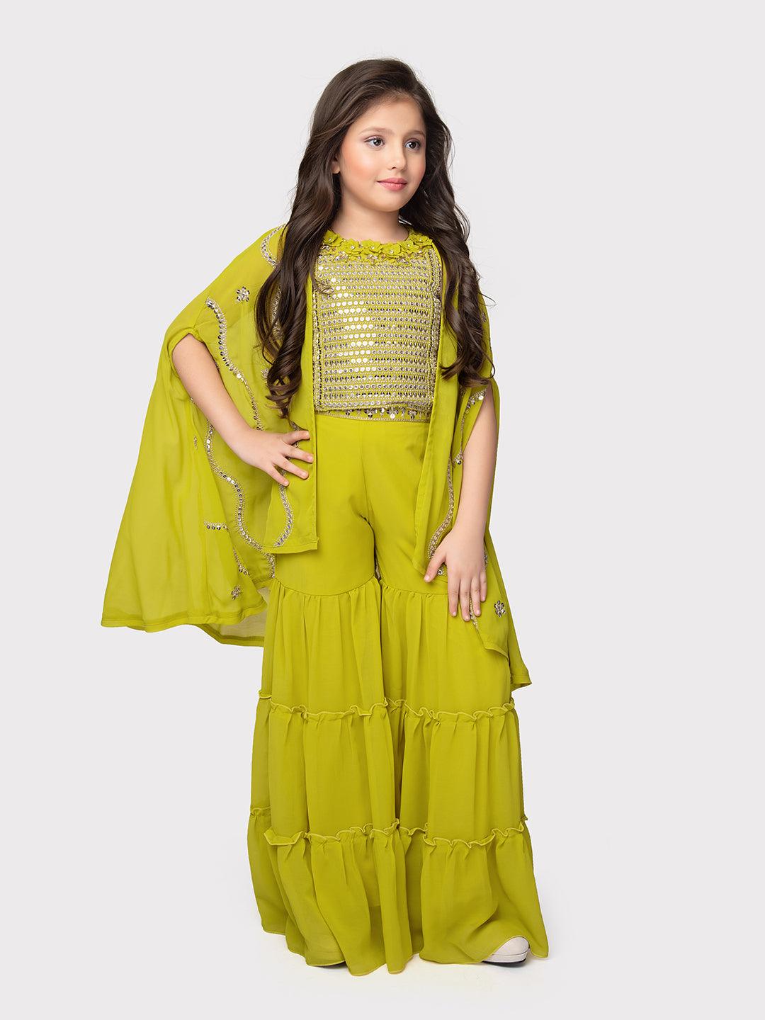 Lemon Coloured Embellished Top, Solid Sharara, Stylish Shrug - Crafted from Georgette Fabric. Perfect for Ethnic Occasions For Girls - Betty Ethnic India - Gharara / Sharara Set - Betty Girls Wear Online