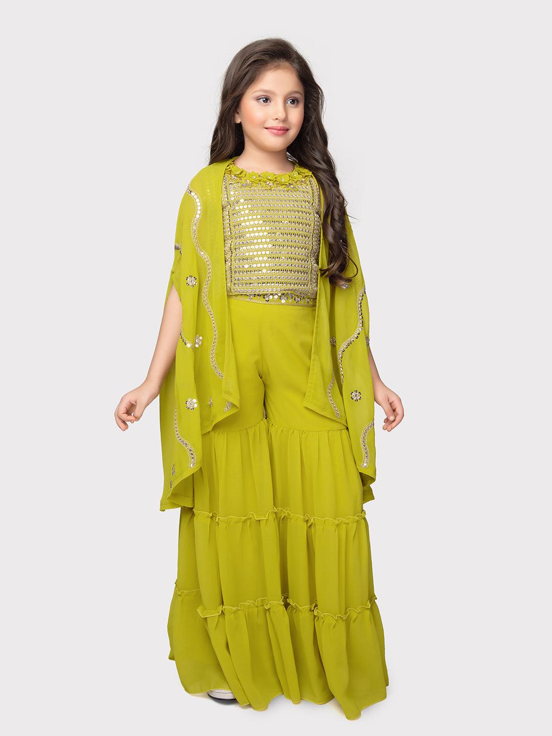 Lemon Coloured Embellished Top, Solid Sharara, Stylish Shrug - Crafted from Georgette Fabric. Perfect for Ethnic Occasions For Girls - Betty Ethnic India - Gharara / Sharara Set - Betty Girls Wear Online