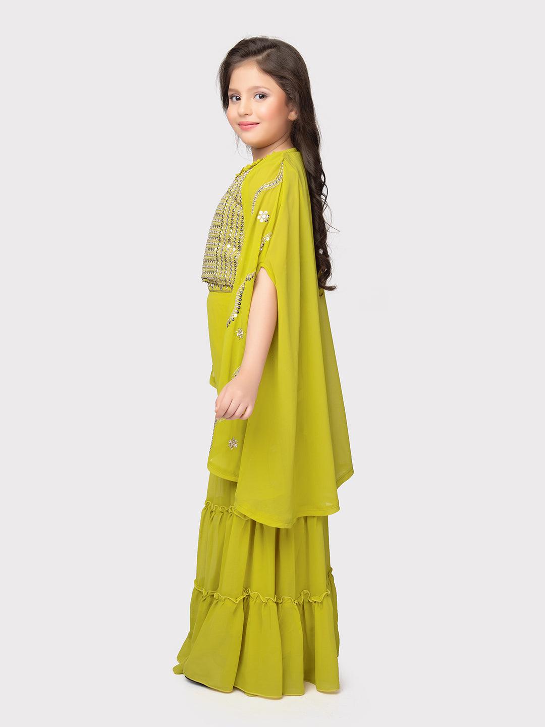 Lemon Coloured Embellished Top, Solid Sharara, Stylish Shrug - Crafted from Georgette Fabric. Perfect for Ethnic Occasions For Girls - Betty Ethnic India - Gharara / Sharara Set - Betty Girls Wear Online