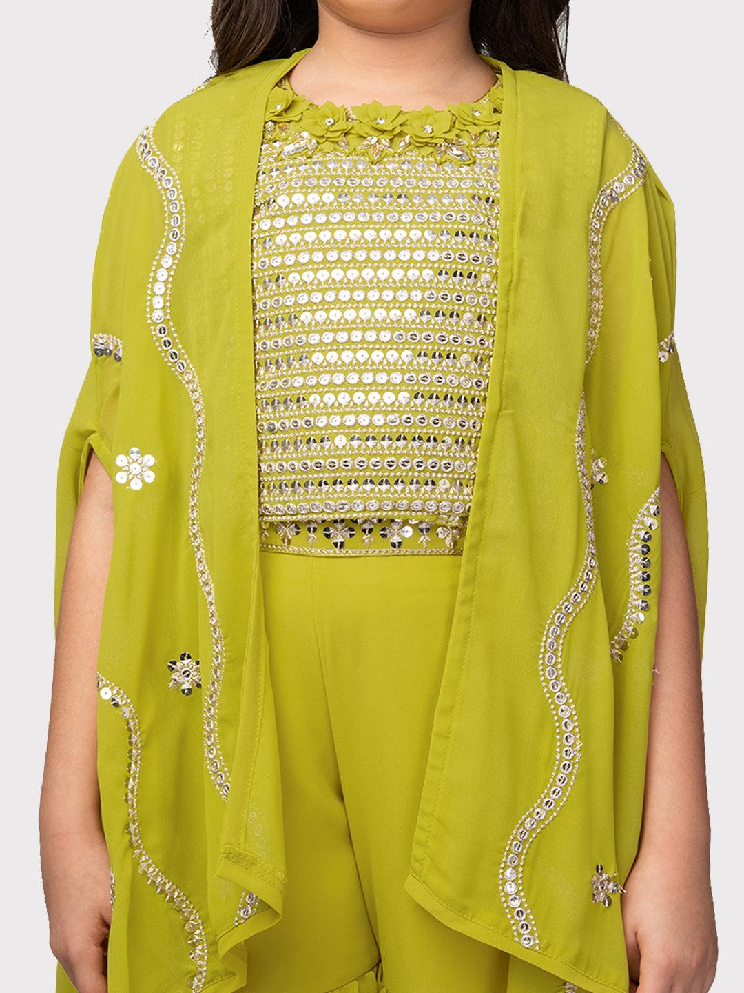 Lemon Coloured Embellished Top, Solid Sharara, Stylish Shrug - Crafted from Georgette Fabric. Perfect for Ethnic Occasions For Girls - Betty Ethnic India - Gharara / Sharara Set - Betty Girls Wear Online