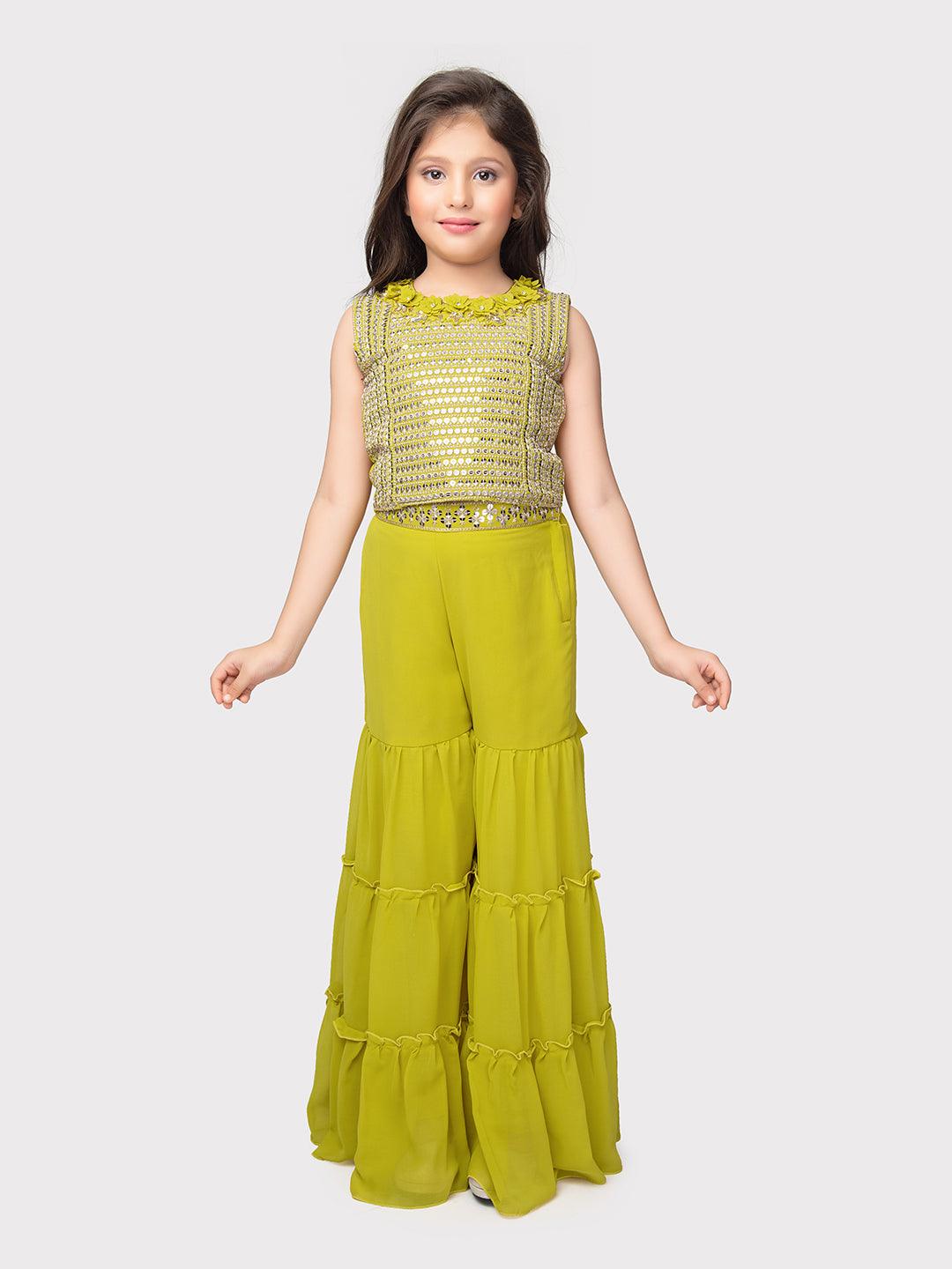 Lemon Coloured Embellished Top, Solid Sharara, Stylish Shrug - Crafted from Georgette Fabric. Perfect for Ethnic Occasions For Girls - Betty Ethnic India - Gharara / Sharara Set - Betty Girls Wear Online