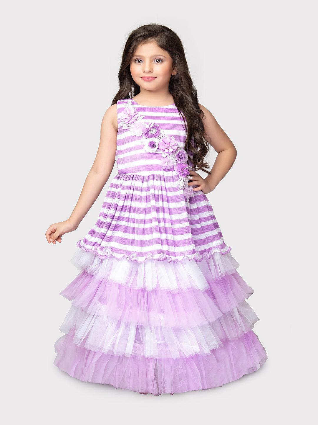 Lilac Coloured Stripes Fabric Peplum Style With Frills Of Imported Net Gown For Girls - Betty Ethnic India - Gown - Betty Girls Wear Online