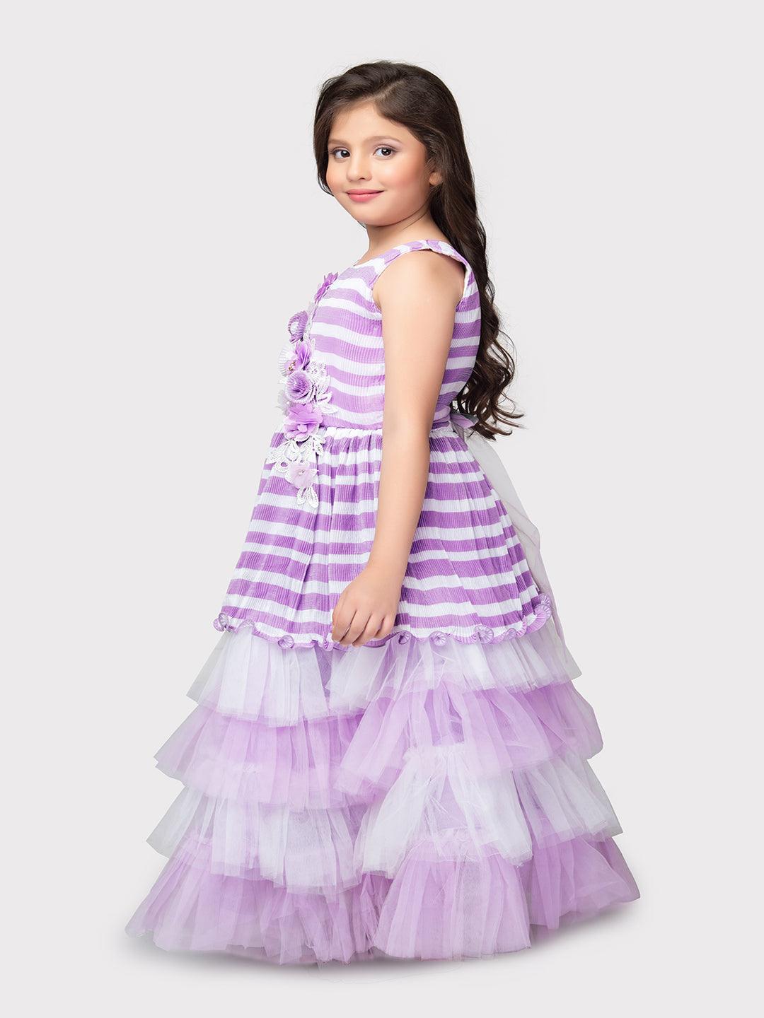 Lilac Coloured Stripes Fabric Peplum Style With Frills Of Imported Net Gown For Girls - Betty Ethnic India - Gown - Betty Girls Wear Online