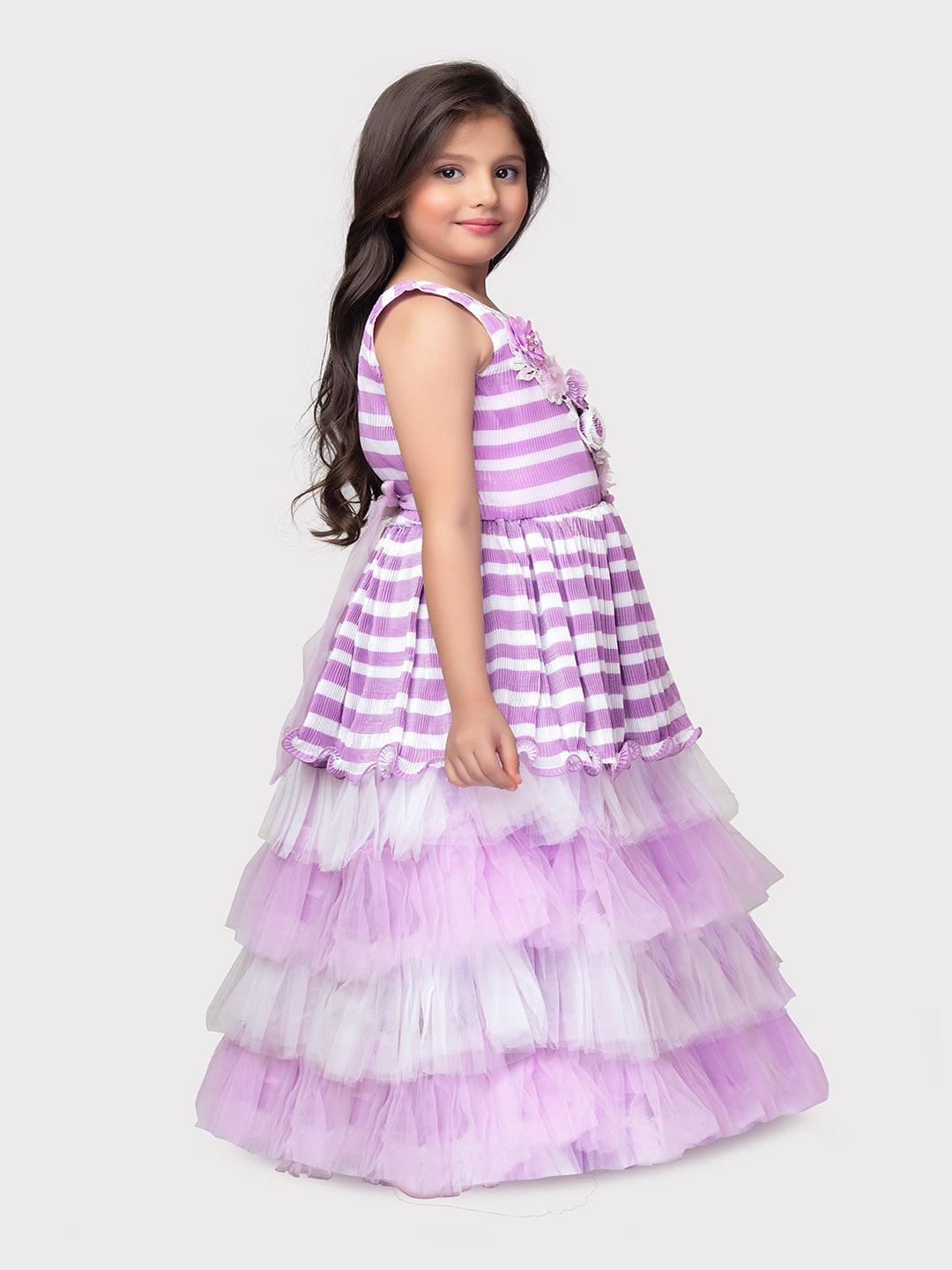 Lilac Coloured Stripes Fabric Peplum Style With Frills Of Imported Net Gown For Girls - Betty Ethnic India - Gown - Betty Girls Wear Online