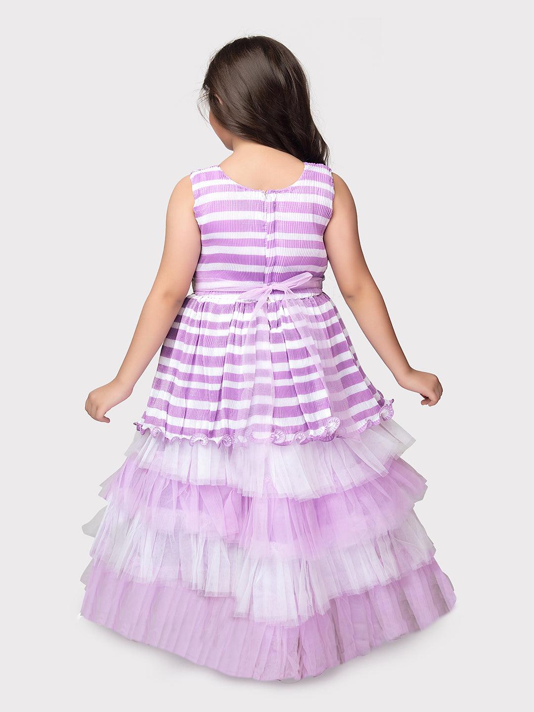 Lilac Coloured Stripes Fabric Peplum Style With Frills Of Imported Net Gown For Girls - Betty Ethnic India - Gown - Betty Girls Wear Online