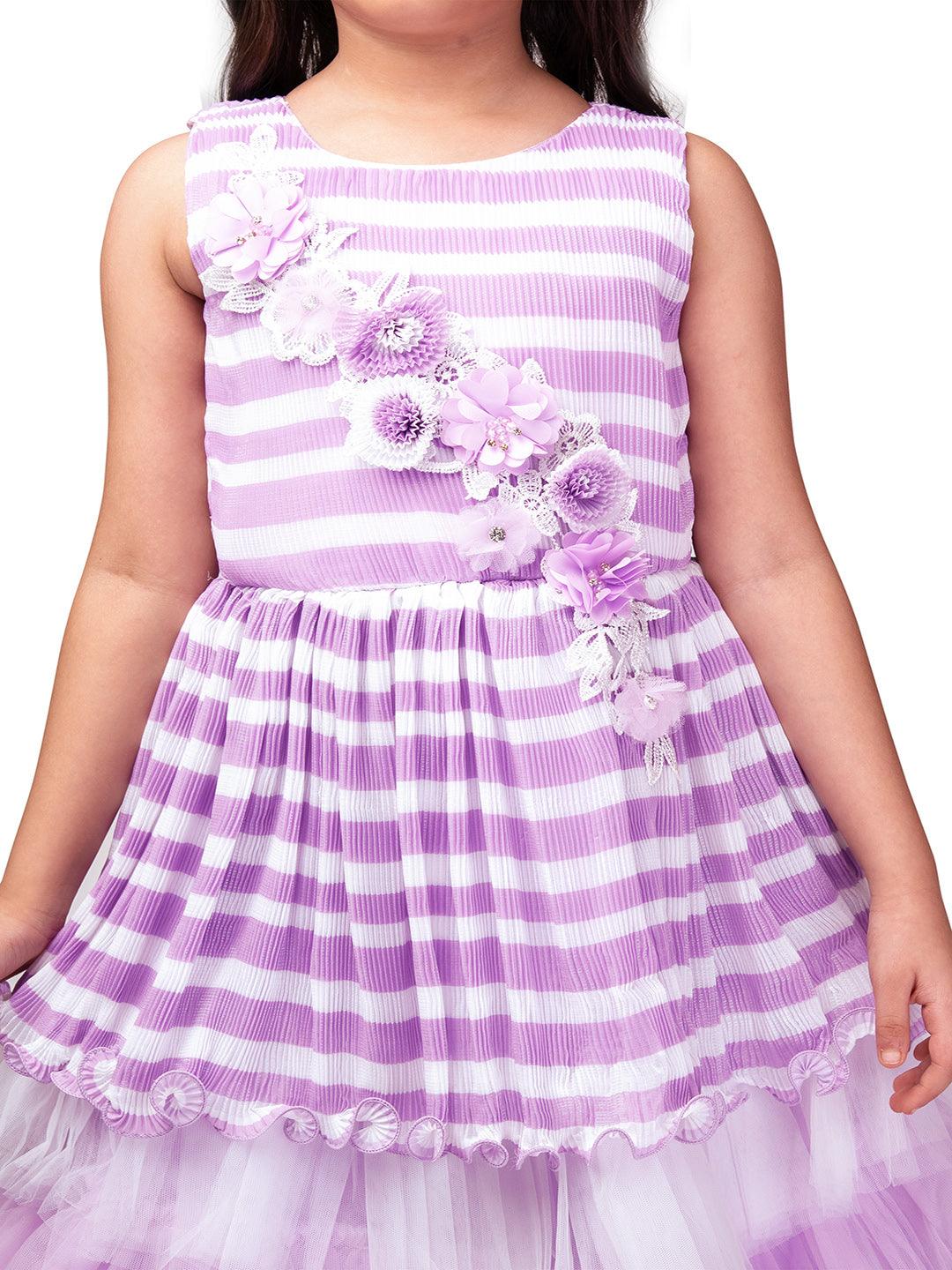 Lilac Coloured Stripes Fabric Peplum Style With Frills Of Imported Net Gown For Girls - Betty Ethnic India - Gown - Betty Girls Wear Online