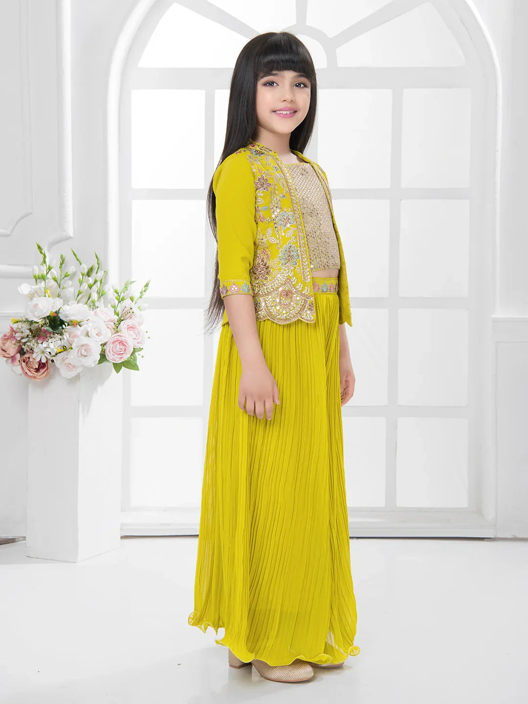 Yellow Embroidered Top & Palazzo Set with Shimmer Work Jacket – Festive Wear for Girls