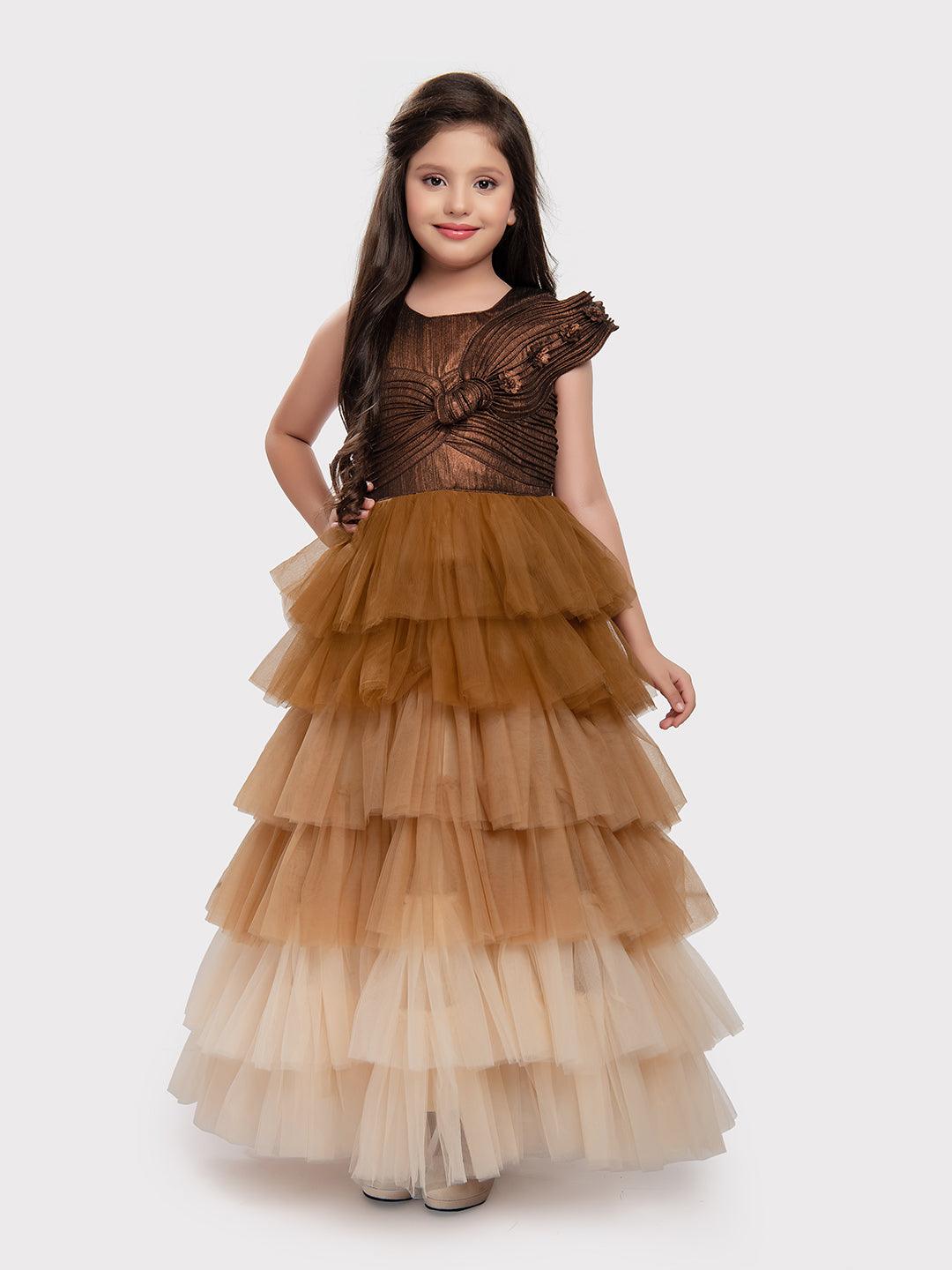 Gold Coloured Trendy Wire Style Unique Imported Net Frill Ethnic Gown For Girls - Betty Ethnic India - Gown - Betty Girls Wear Online