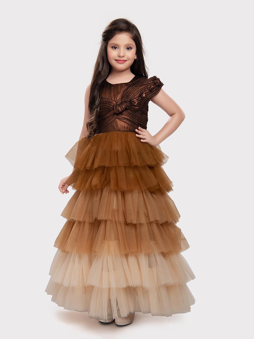 Gold Coloured Trendy Wire Style Unique Imported Net Frill Ethnic Gown For Girls - Betty Ethnic India - Gown - Betty Girls Wear Online