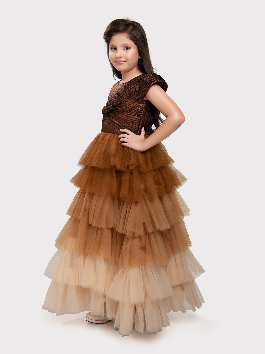 Gold Coloured Trendy Wire Style Unique Imported Net Frill Ethnic Gown For Girls - Betty Ethnic India - Gown - Betty Girls Wear Online