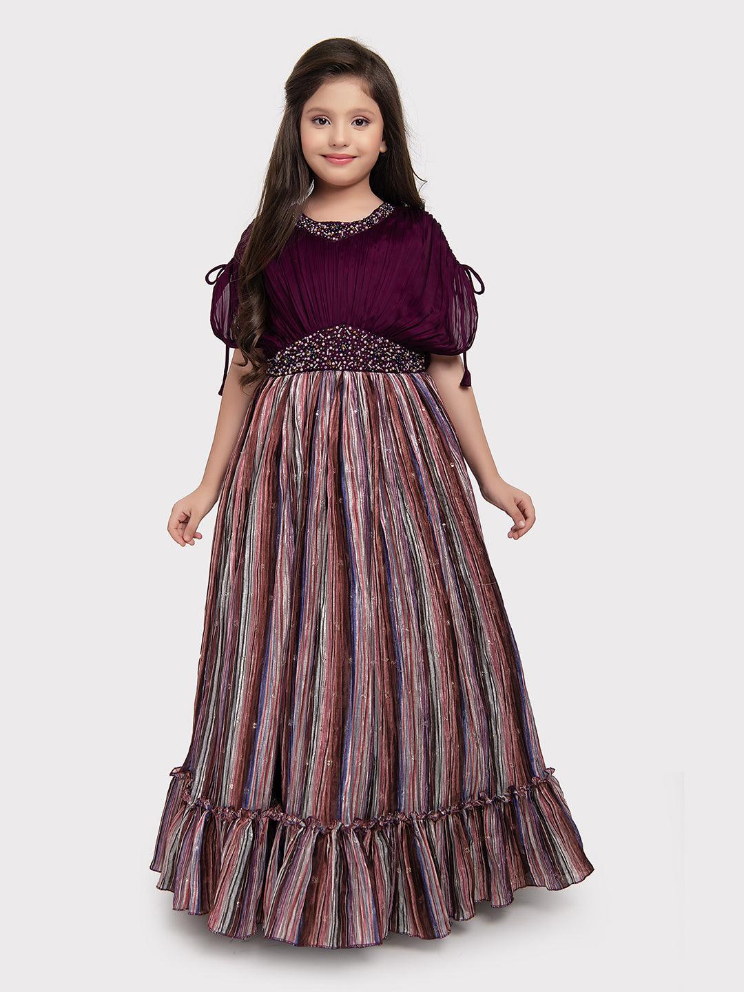 Maroon Coloured Butterfly Style Sleeves Multicolour Striped Gown For Girls - Betty Ethnic India - Gown - Betty Girls Wear Online