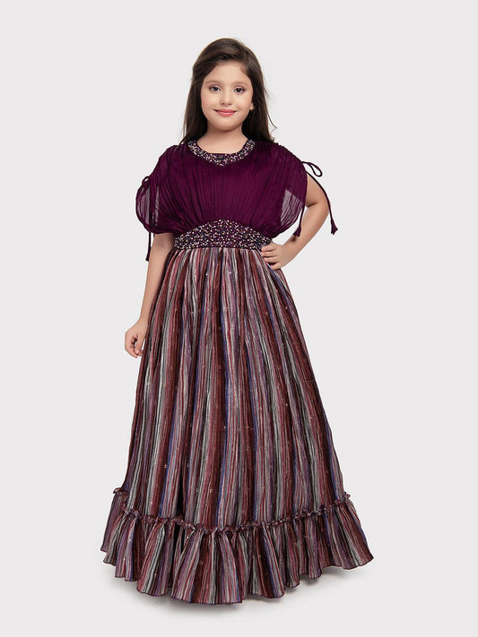 Maroon Coloured Butterfly Style Sleeves Multicolour Striped Gown For Girls - Betty Ethnic India - Gown - Betty Girls Wear Online