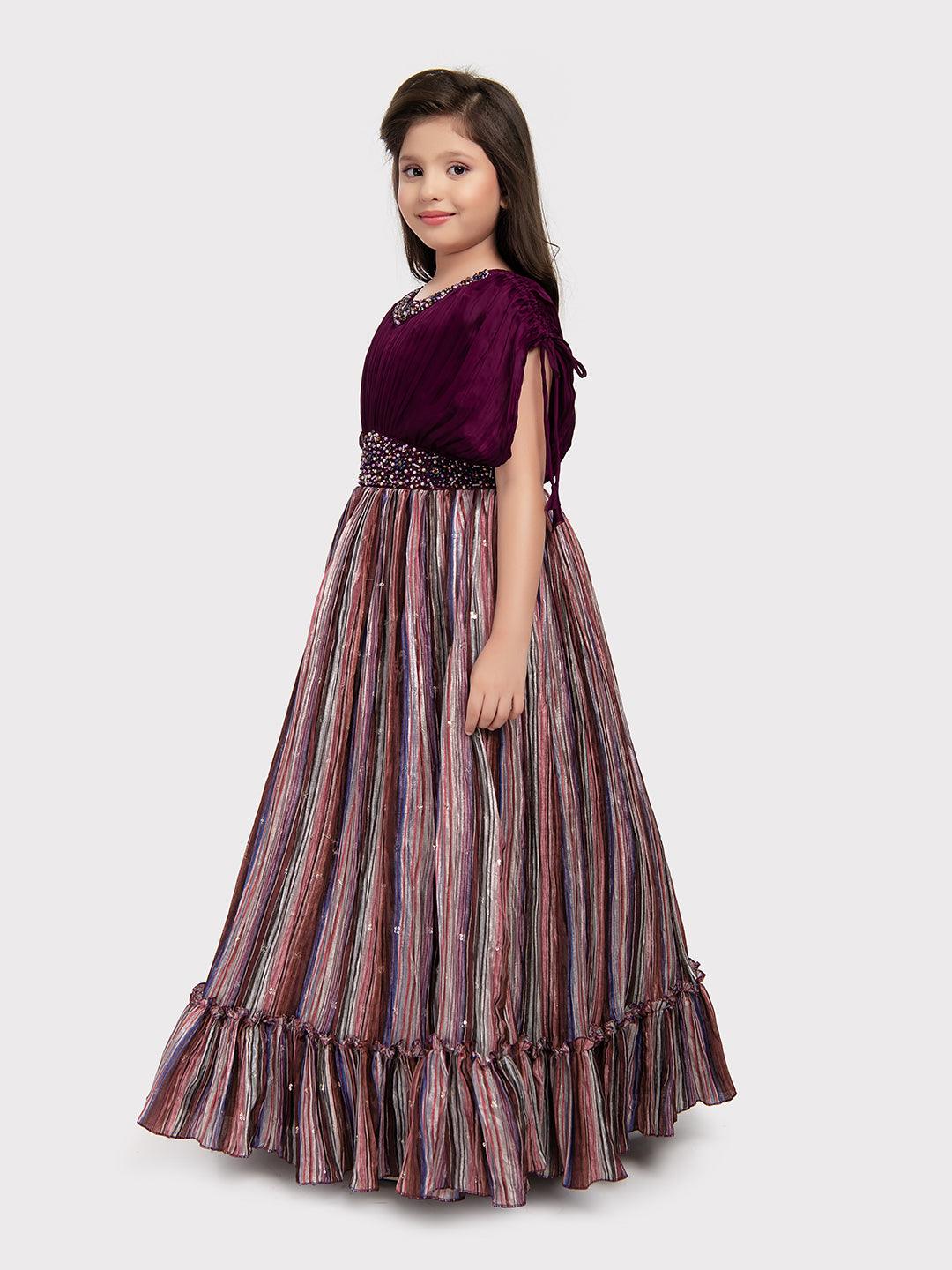 Maroon Coloured Butterfly Style Sleeves Multicolour Striped Gown For Girls - Betty Ethnic India - Gown - Betty Girls Wear Online