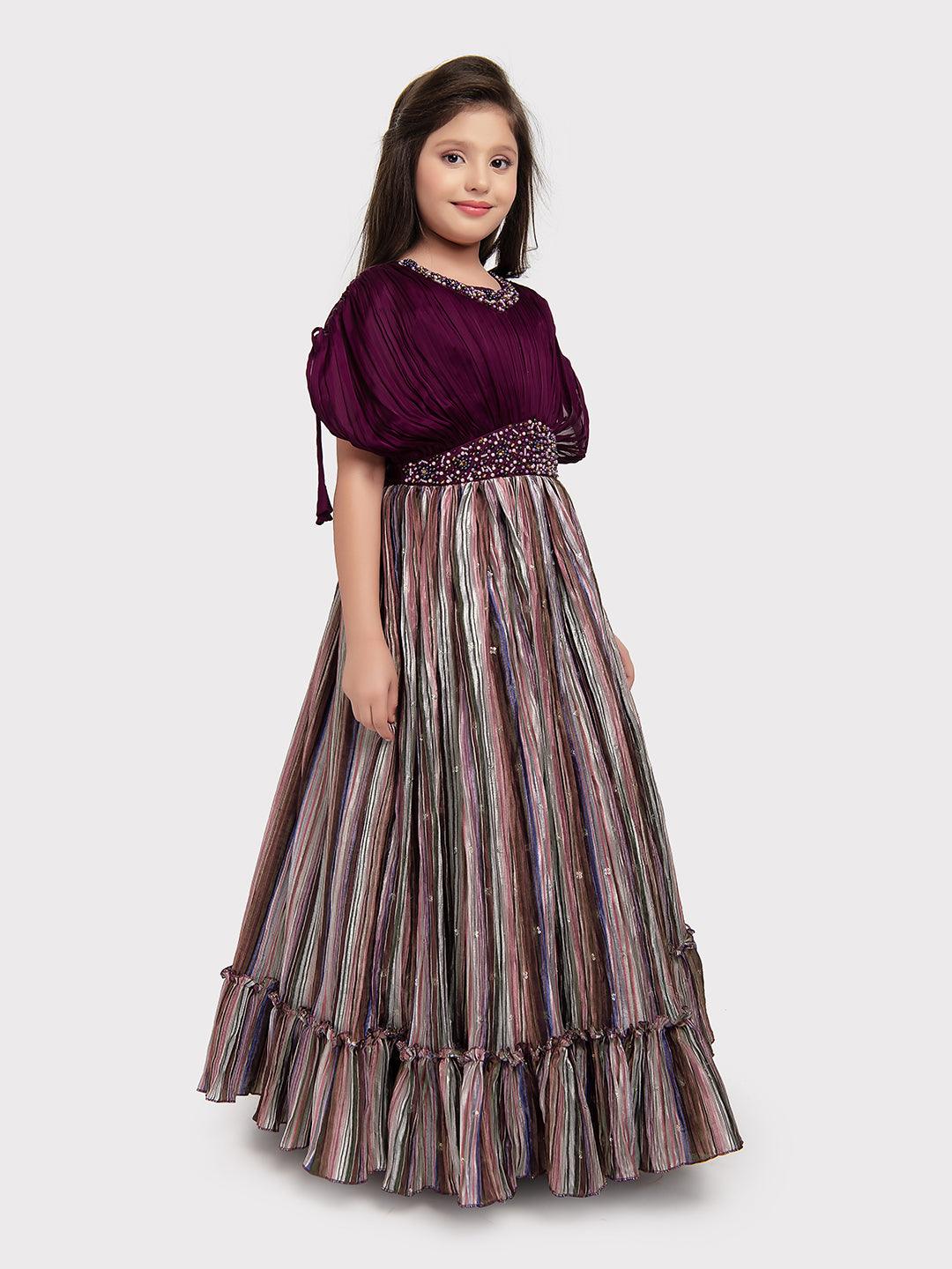 Maroon Coloured Butterfly Style Sleeves Multicolour Striped Gown For Girls - Betty Ethnic India - Gown - Betty Girls Wear Online