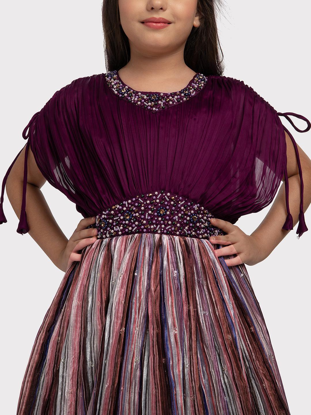 Maroon Coloured Butterfly Style Sleeves Multicolour Striped Gown For Girls - Betty Ethnic India - Gown - Betty Girls Wear Online