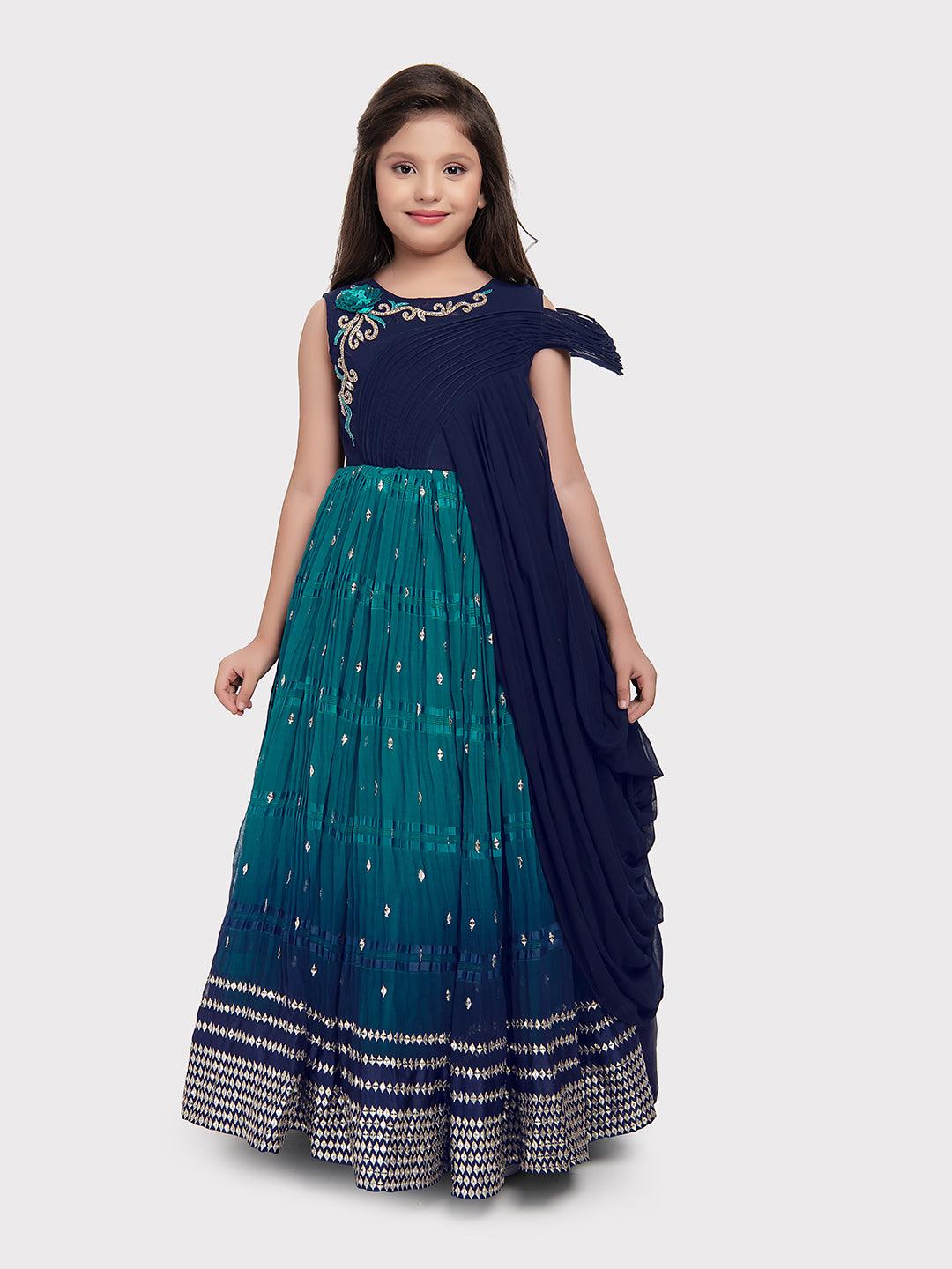 Navy Blue Coloured Wire Style Concept With Attached Dupatta Fancy Gown For Girls - Betty Ethnic India - Gown - Betty Girls Wear Online