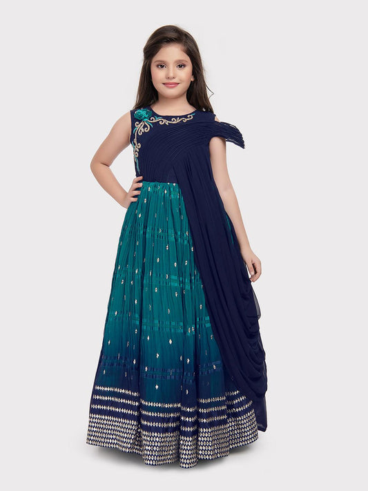 Navy Blue Coloured Wire Style Concept With Attached Dupatta Fancy Gown For Girls - Betty Ethnic India - Gown - Betty Girls Wear Online