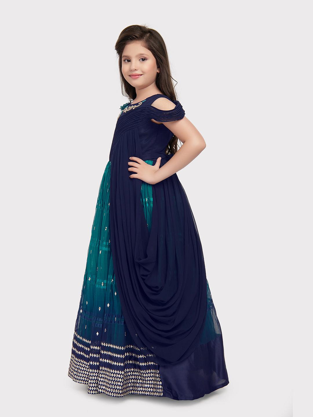 Navy Blue Coloured Wire Style Concept With Attached Dupatta Fancy Gown For Girls - Betty Ethnic India - Gown - Betty Girls Wear Online