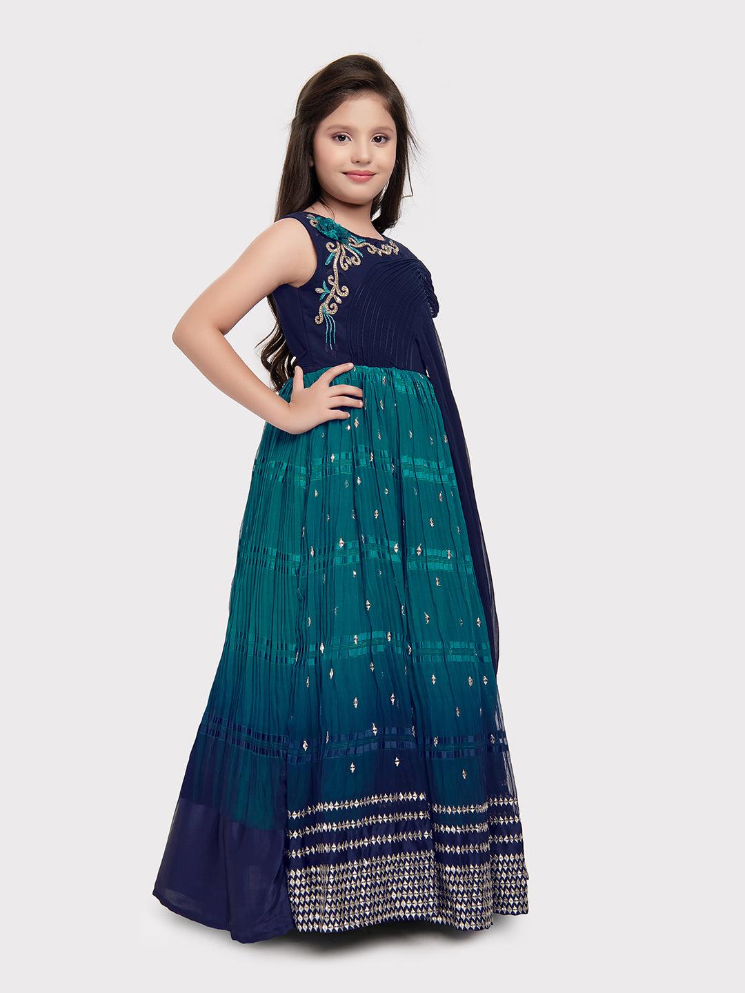 Navy Blue Coloured Wire Style Concept With Attached Dupatta Fancy Gown For Girls - Betty Ethnic India - Gown - Betty Girls Wear Online