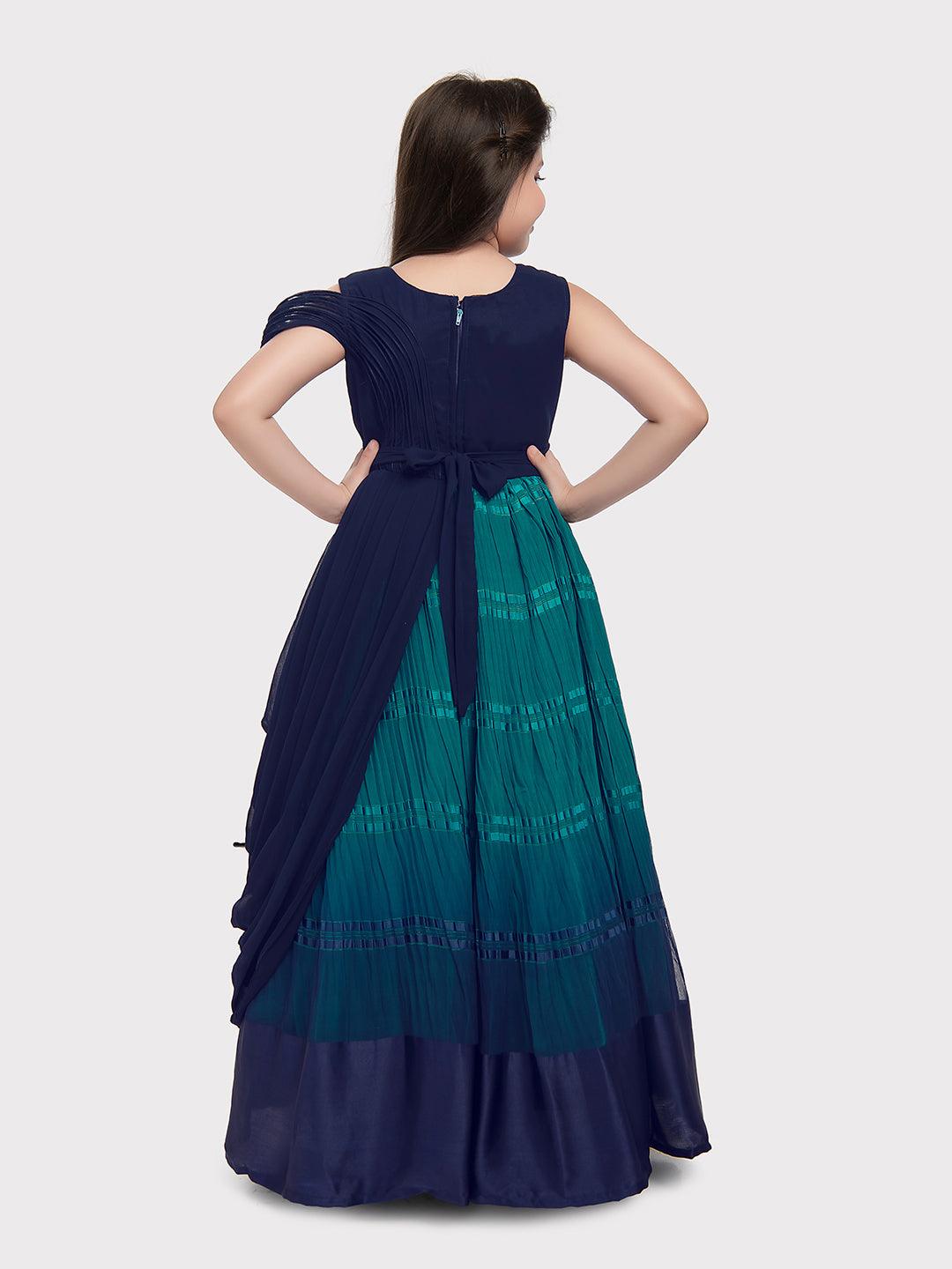 Navy Blue Coloured Wire Style Concept With Attached Dupatta Fancy Gown For Girls - Betty Ethnic India - Gown - Betty Girls Wear Online