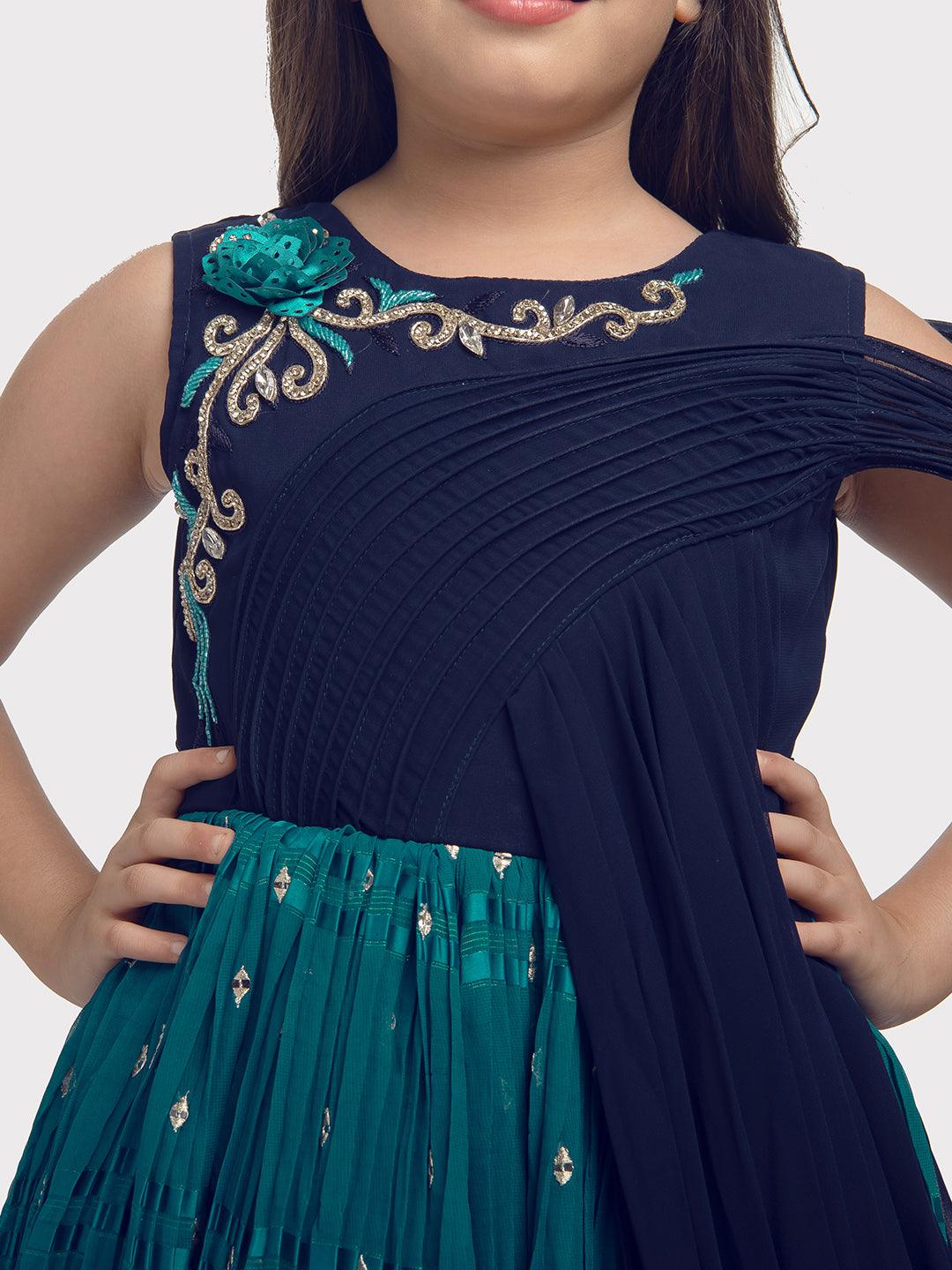 Navy Blue Coloured Wire Style Concept With Attached Dupatta Fancy Gown For Girls - Betty Ethnic India - Gown - Betty Girls Wear Online