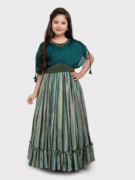 Rama Green Coloured Butterfly Style Sleeves Multicolour Striped Gown For Girls - Betty Ethnic India - Gown - Betty Girls Wear Online