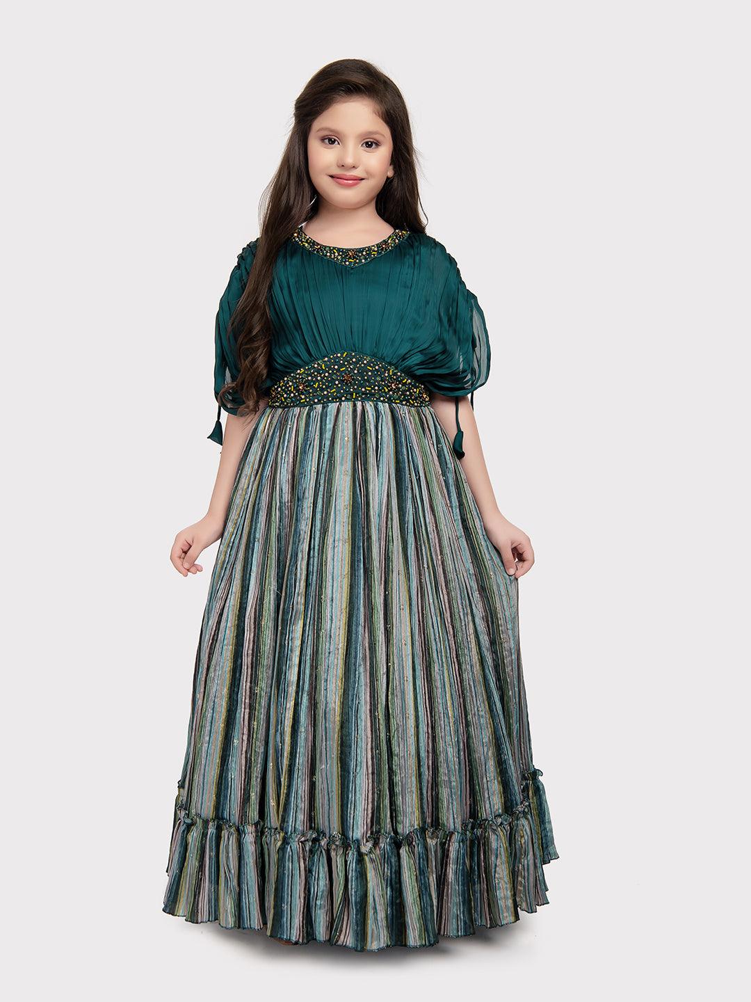 Rama Green Coloured Butterfly Style Sleeves Multicolour Striped Gown For Girls - Betty Ethnic India - Gown - Betty Girls Wear Online