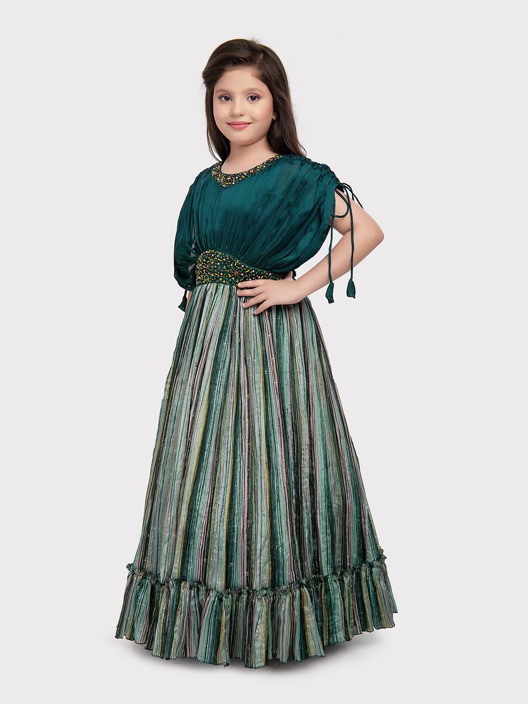 Rama Green Coloured Butterfly Style Sleeves Multicolour Striped Gown For Girls - Betty Ethnic India - Gown - Betty Girls Wear Online